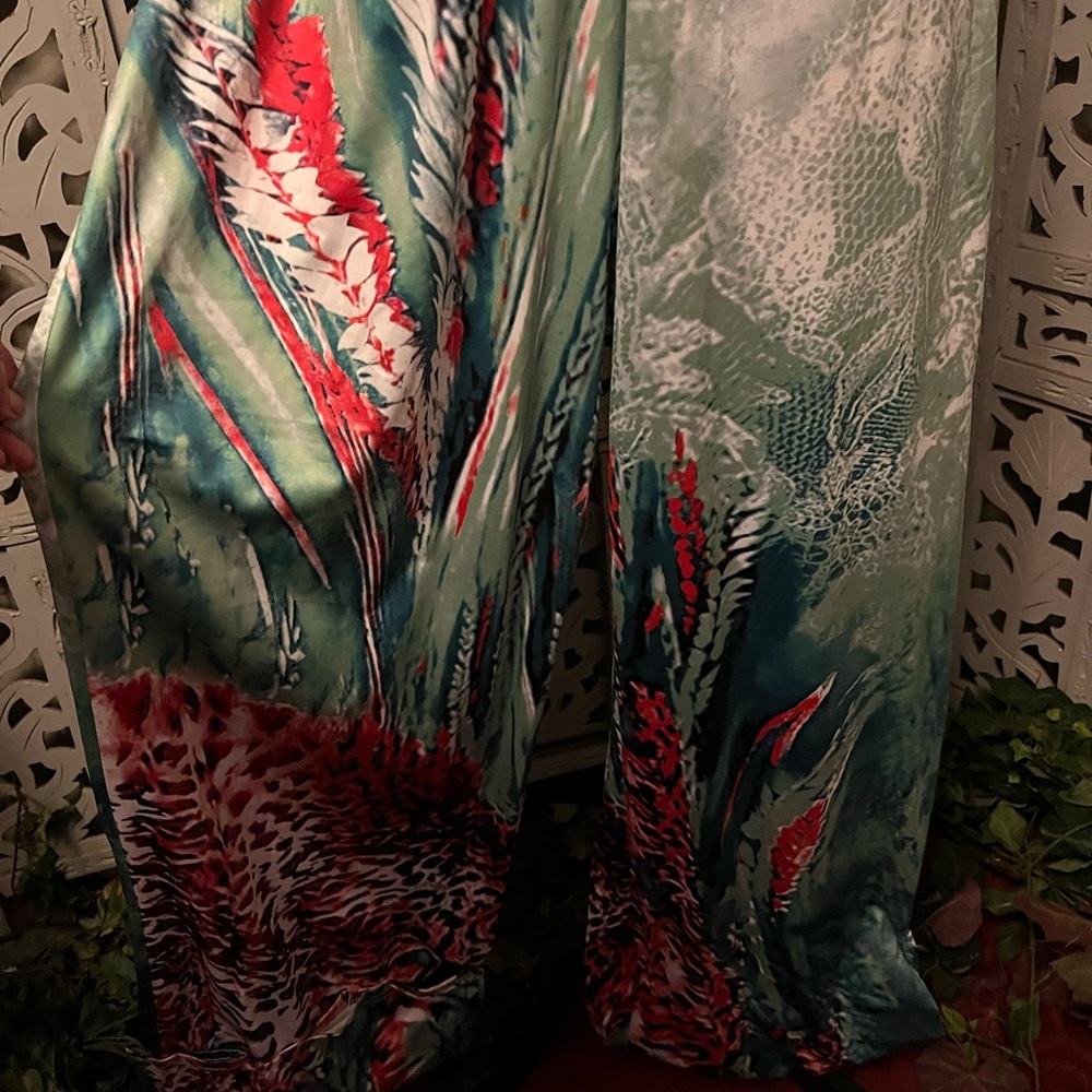 SPRING FEVER WHITE GREEN RED & ANIMAL PRINT STRAPLESS WIDE LEG PLUS JUMPSUIT - Picture 5 of 13